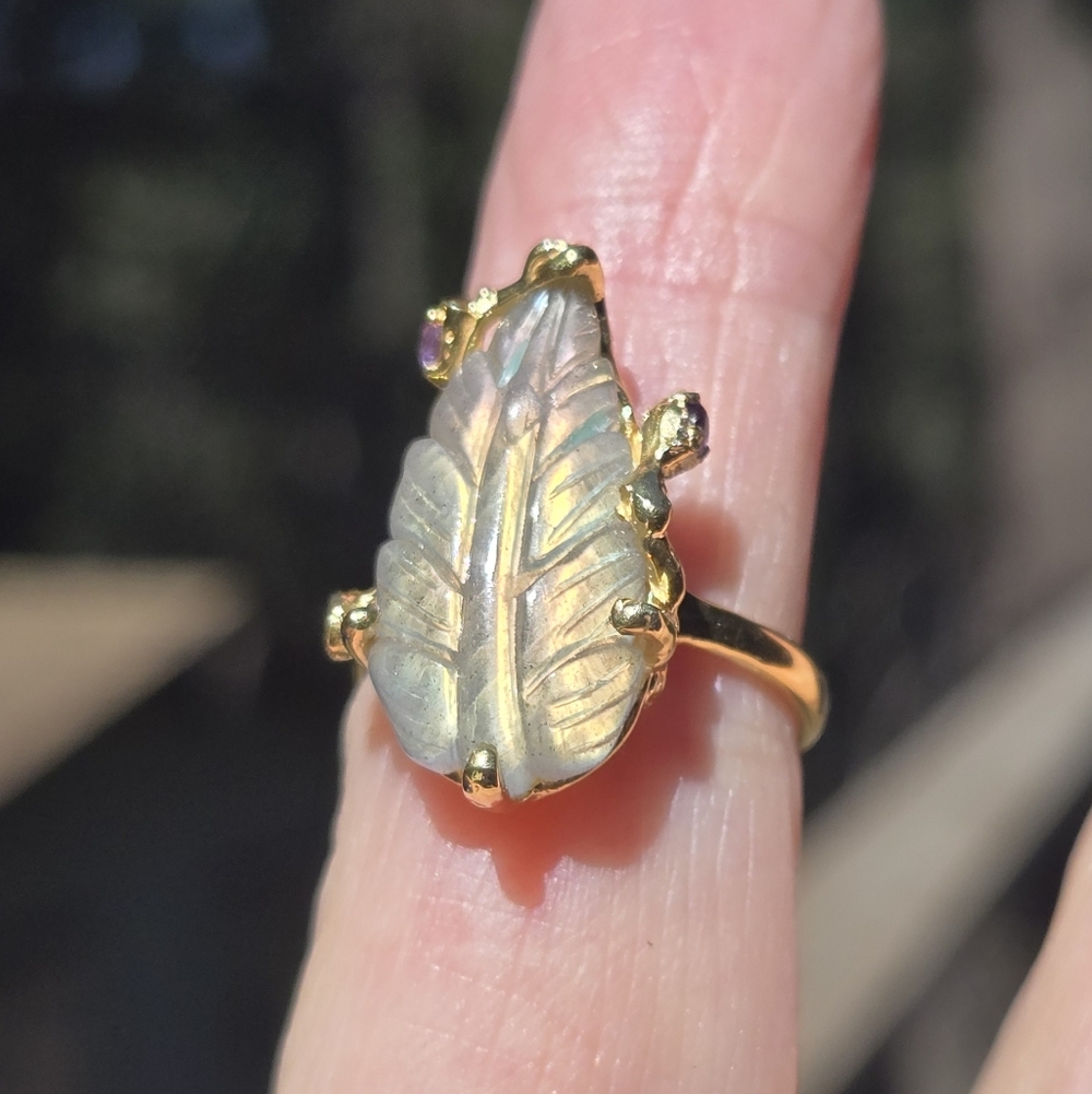Labradorite Leaf 24k Amethyst Sterling & Gold Ring Sz7 - Picture 5 of 10